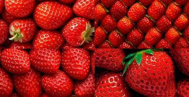 eco jordgubbe. makro av färsk organisk naturlig bär. frukt röd bakgrund - ai genererad bild foto