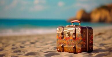 sommar resa och turism, ljus resväska på en skön sandig strand. semester resa - ai genererad bild foto