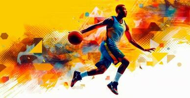 abstrakt basketboll panorama- bakgrund, basketboll spelare med boll - ai genererad bild foto