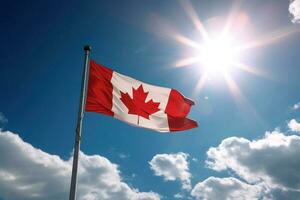 kanada flagga på blå himmel bakgrund. illustration ai generativ foto
