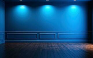 ett tömma rum med blå väggar och hårt träslag golv illustration ai generativ foto