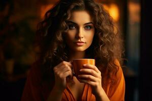 flicka med kopp av kaffe. illustration ai generativ foto