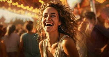 söt kvinna leende på de folkmassan på en musik festival illustration ai generativ foto