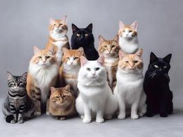 annorlunda typer och storlekar av katter grupp. ai genererad. foto