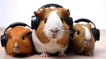 små grupp av söt guinea grisar med hörlurar i studio. ai genererad. foto