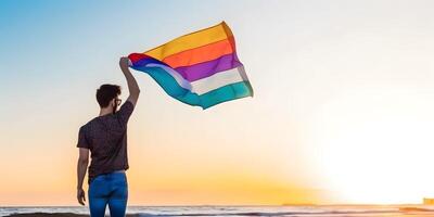 pojke vinka regnbåge flagga. begrepp av HBTQ stolthet. ai genererad foto