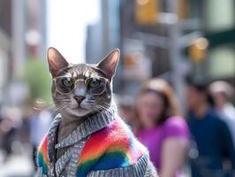 sällskapsdjur katt i stolthet parad. begrepp av lgbtq stolthet. ai genererad foto