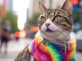 sällskapsdjur katt i stolthet parad. begrepp av lgbtq stolthet. ai genererad foto