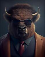 gangster bison eller buffel med modern kostym täcka. ai genererad foto
