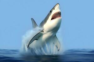 bra vit haj Hoppar ut av vatten på hav. ai genererad foto
