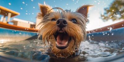 Lycklig yorkshire terrier simning i jacuzzi - ai generativ foto