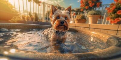 Lycklig yorkshire terrier simning i jacuzzi - ai generativ foto