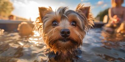 Lycklig yorkshire terrier simning i jacuzzi - ai generativ foto