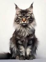 porträtt av en långhårig maine Coon katt på vit bakgrund. generativ ai foto