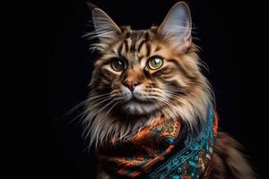 porträtt av maine Coon katt bär röd scarf på svart bakgrund. generativ ai foto