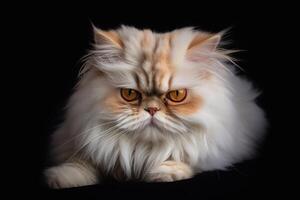 skön persisk katt med blå ögon Sammanträde på svart bakgrund. generativ ai foto