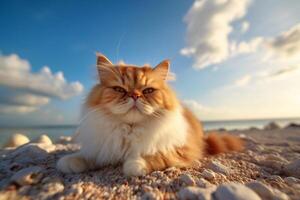 persisk katt på de strand på solnedgång. fluffig sällskapsdjur. generativ ai foto