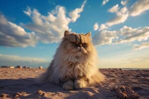 persisk katt på de strand på solnedgång. fluffig sällskapsdjur. generativ ai foto