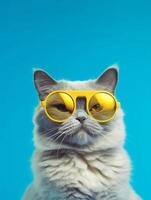 porträtt av en katt bär gul solglasögon på en blå bakgrund. foto