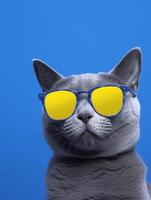 söt ryska blå katt bär gul solglasögon på blå bakgrund. generativ ai foto