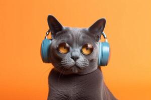 ryska blå katt bär hörlurar på orange bakgrund. generativ ai foto