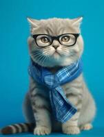 söt skott vika ihop bär glasögon och scarf på blå bakgrund. generativ ai foto