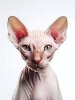 förtjusande sphynx katt på vit bakgrund. generativ ai foto