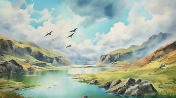 digital målning av en berg landskap med en sjö och en flock av fåglar. generativ ai foto