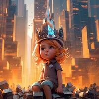 söt liten flicka bär krona form byggnad på henne huvud och hon är stående runt om de skyskrapa i animering foto
