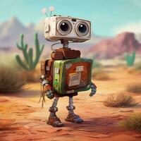 3d tolkning av en liten robot i de öken- med kaktus. generativ ai foto