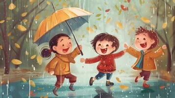 Lycklig barn spelar i de regn. generativ ai foto