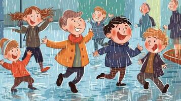 Lycklig barn spelar i de regn. generativ ai foto