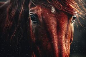röd häst tittar på, stänga upp. ai genererad foto