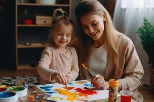 mor och dotter målning tillsammans. ai generativ foto