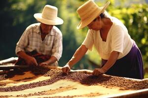 jordbrukare på arabica kaffe plantage , ai generativ foto