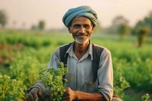 leende jordbrukare stående i fält , ai generativ foto