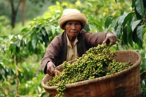 jordbrukare på arabica kaffe plantage , ai generativ foto