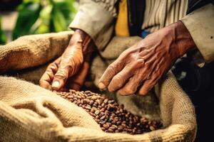 jordbrukare på arabica kaffe plantage , ai generativ foto