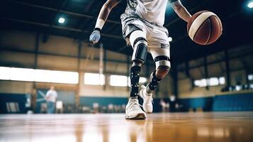 avbalad basketboll spelare med protes i verkan på de domstol. närbild. generativ ai. foto