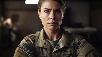 porträtt av allvarlig kvinna USA överste soldat i militär enhetlig ser på kamera. generativ ai. foto