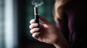 närbild av en kvinna innehav en elektronisk cigarett i henne hand. generativ ai. foto