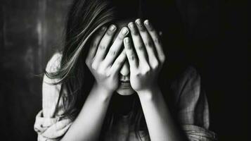 deprimerad ung kvinna beläggning henne ansikte med henne händer, svart och vit. generativ ai. foto