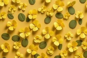 mönster tillverkad av gul blommor bakgrund, platt lägga. generativ ai. foto