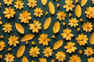 mönster tillverkad av gul blommor bakgrund, platt lägga. generativ ai. foto