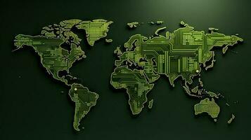 värld Karta grön pcb textur bakgrund. generativ ai. foto