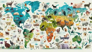 värld Karta med tecknad serie djur bakgrund. generativ ai. foto