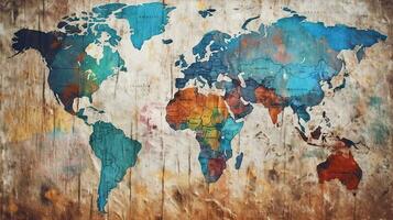 värld Karta grunge bakgrund. generativ ai. foto