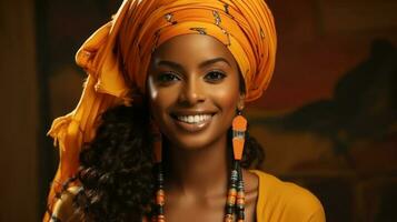 skön afrikansk amerikan kvinna med afro frisyr och orange huvudduk. generativ ai. foto