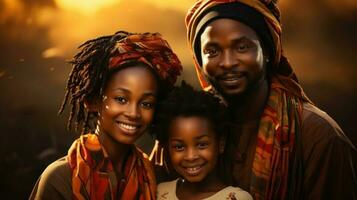 porträtt av Lycklig afrikansk amerikan familj med deras dotter på solnedgång. generativ ai. foto