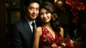 porträtt av en skön asiatisk bröllop par i röd klänning med blommor. generativ ai. foto